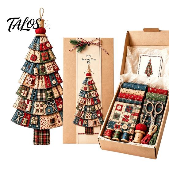 Cadeau d'artisanat de Noël pour adultes Kit d'arbre Patchwork Surdimensionné à faire soi-même, Ensemble d'assemblage en tissu à carreaux Rétro Décoration avec Ornements Suspendus Décoration de Maison de Fête