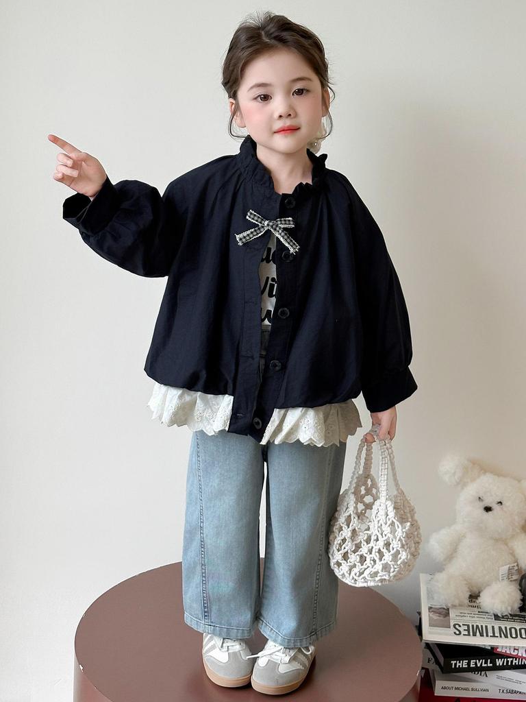 Girls' Korean Style Jacket with Bow - 2025 Spring/Autumn Lightweight Fashion Top