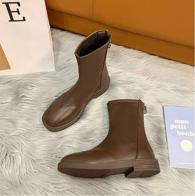Women's Short Boots 2025 Autumn Edition Autumn New Style French Round Head Back Zipper Chelsea Skinny Boots Short Boots