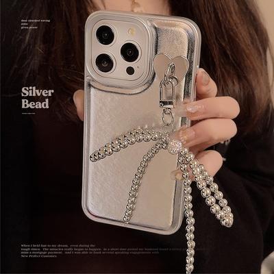 Silbernes Leder für iPhone 16 Handyhülle für iPhone 17promax Galvanisierter Schleifenanhänger 11 Temperament 13