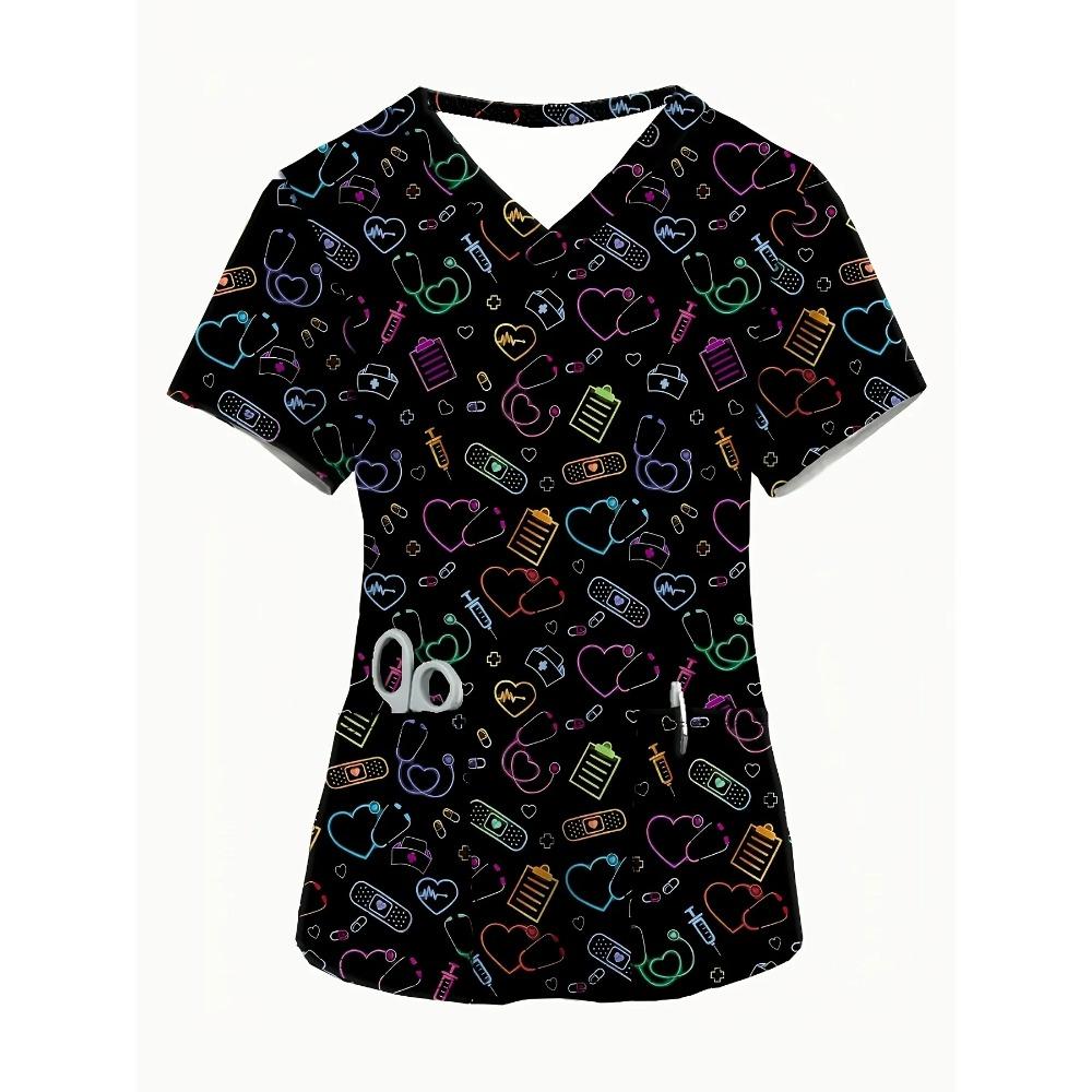 Surgical Uniforms Woman Women's Cute Cartoon Dog Print V-Neck Short Sleeve Top - Breathable Summer Shirt with Pockets