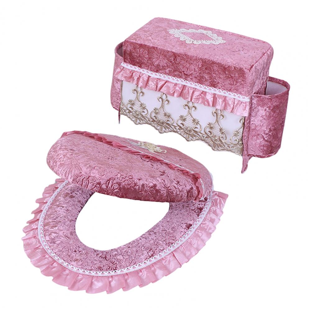 Soft Fabric Toilet Cover Luxurious Flannel Toilet Tank Cover with Lace Trim Side Pockets Soft Plush Toilet Lid for Ultimate