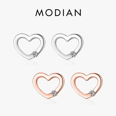 Modian 925 Sterling Silver Simple Hearts Clear CZ Stud Earrings Fashion Rose Gold Color Ear For Women Fine Jewelry