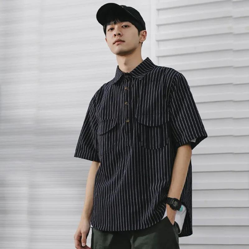 Letní košile Pánská Krátký rukáv Trend Retro Pruhované POLO Košile Mládež Volné Ležérní Bunda Top Tričko