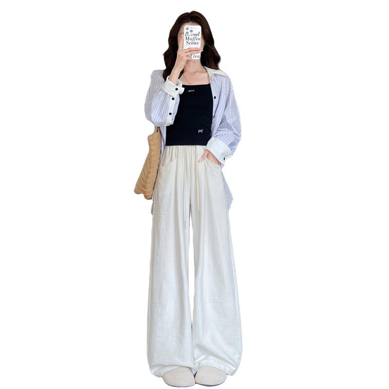 2025 Women's Blue Glutinous Rice Lazy Loose Wide-Leg Pants: Petite, Slimming, Summer Drape Design