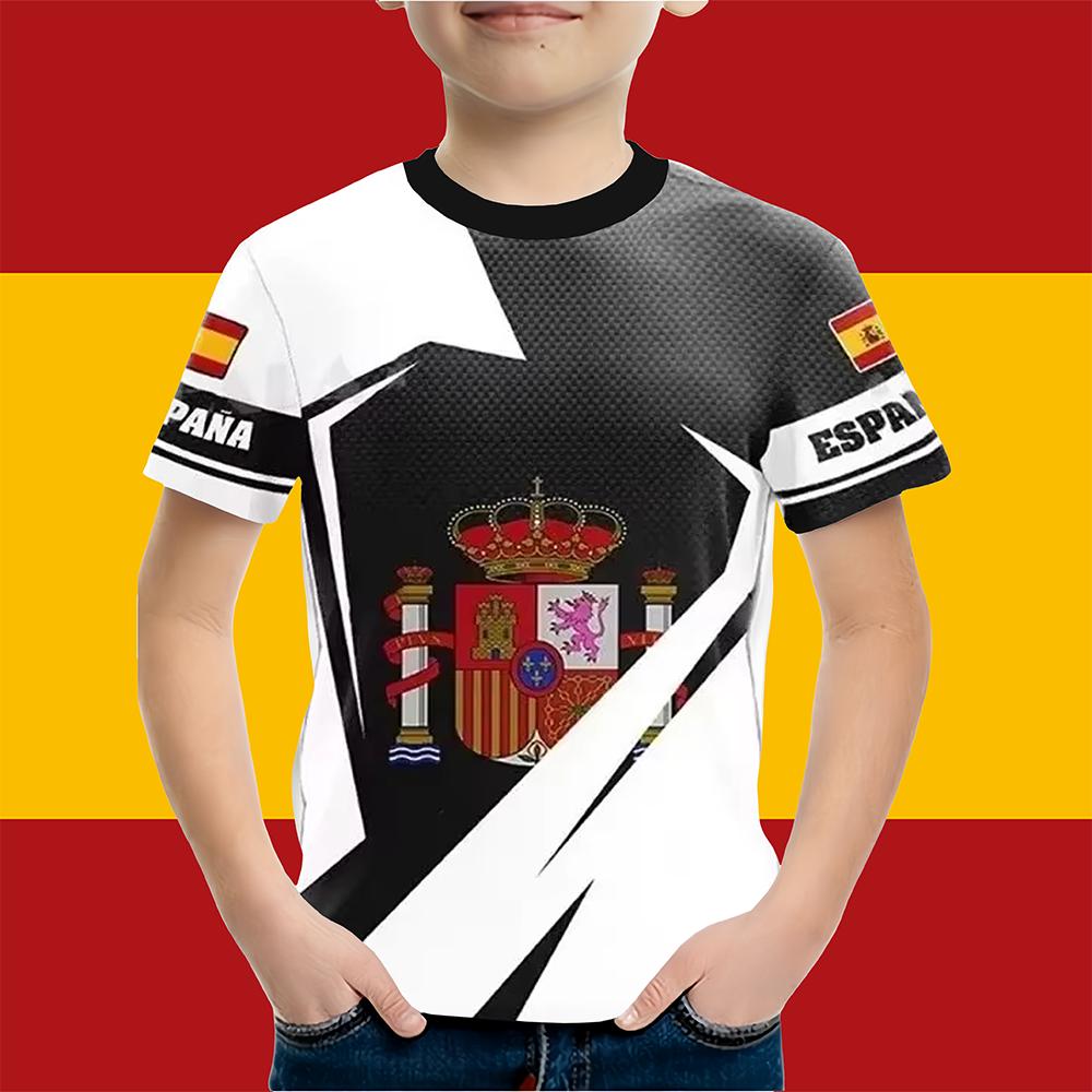 Boys Clothes Spanish Flag Graphic T-Shirt Vintage Casual Short Sleeved Kids Clothes 2-14Y Summer Outdoor Spanish Child Top Tee