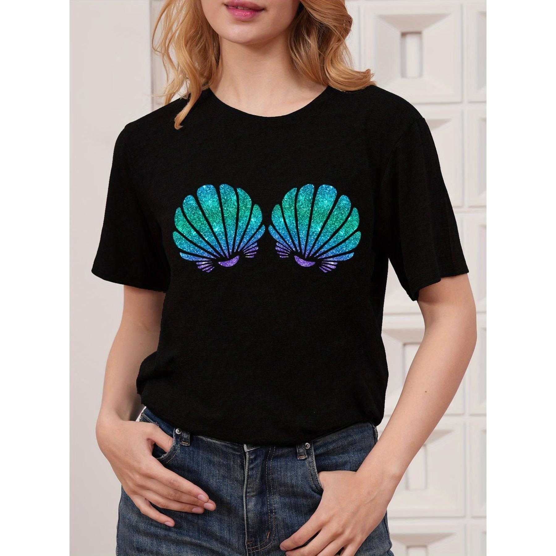 

Y-Mermaid Shell Print T-Shirt, A Casual Short-Sleeve Crew Neck Top for Spring and Summer S чёрный