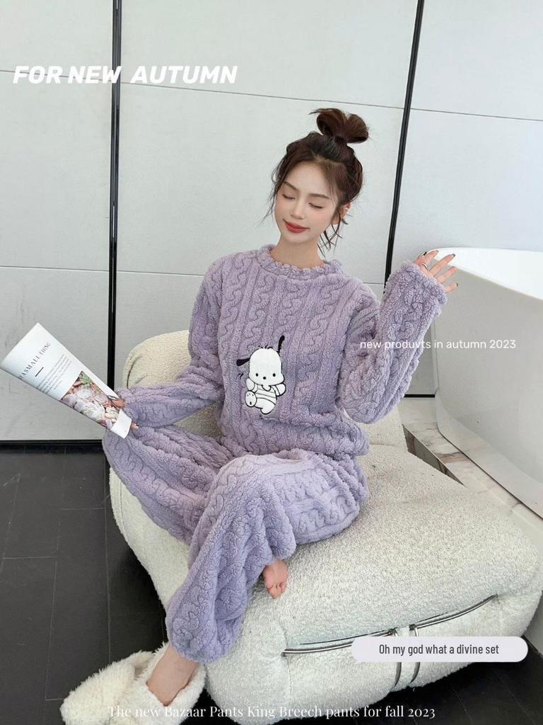 Einfarbiges Damen-Jacquard-Shu-Baumwollfleece-Pyjama-Set - Warm, dick, langärmelig, Homewear für Herbst und Winter.