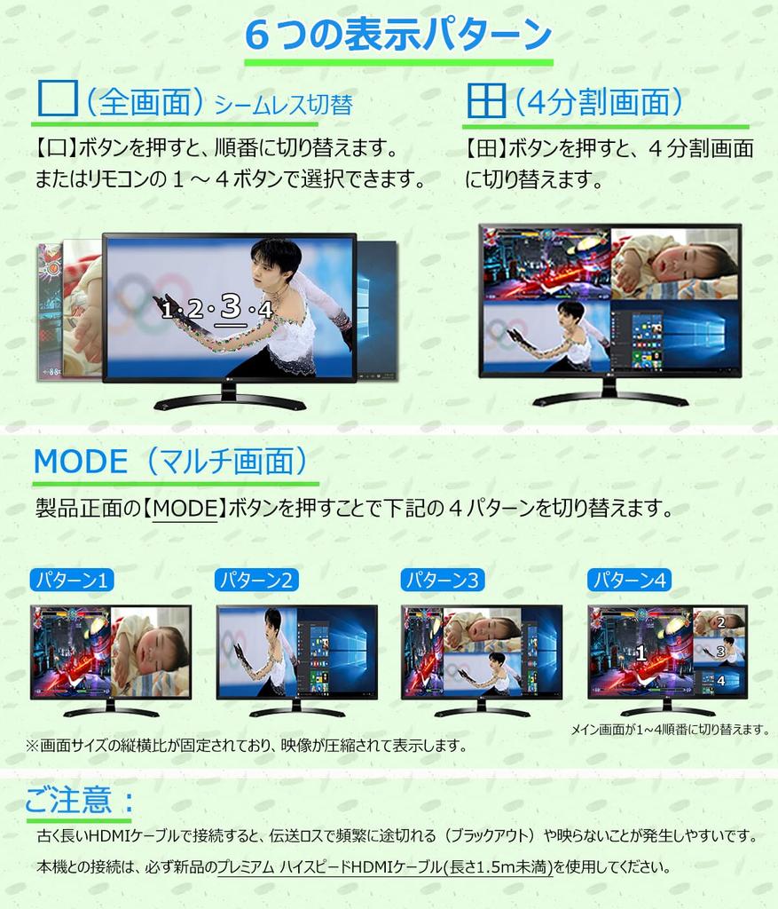 ELEVIEW HDMI 4 1 Split Aluminum Japanese Instruction Seamless Suitable for Multiviewer, Inputs, Output, 4-Screen (PBP), Construction, Manual,
