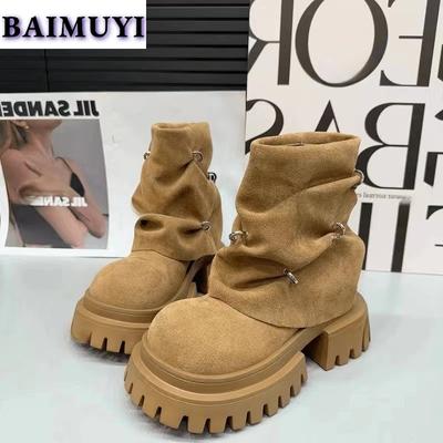 Plateau-Stiefeletten Damen Wildlederabsätze Chelsea Schuhe Designer Winter Plüsch Schneestiefel Frau 2024 Trend Marke Goth Zapatos Mujer