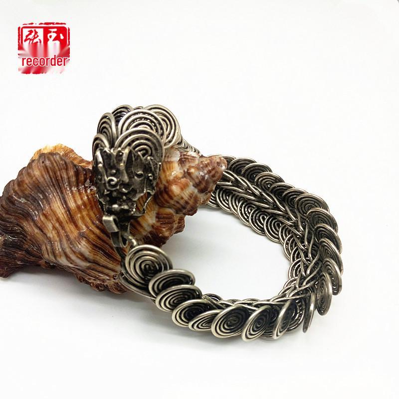 Unisex Ethnic Tibetan Silver Dragon Head Bracelet, Handmade Gift 20mm+