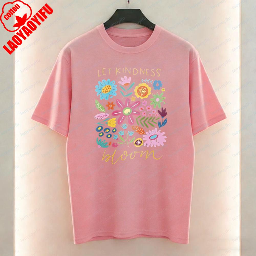 Let Kindness Bloom Art Aesthetic TShirt Colorful Wildflower Graphic Tops Fun Trendy Harajuku Casual Style Cotton Tee for Women