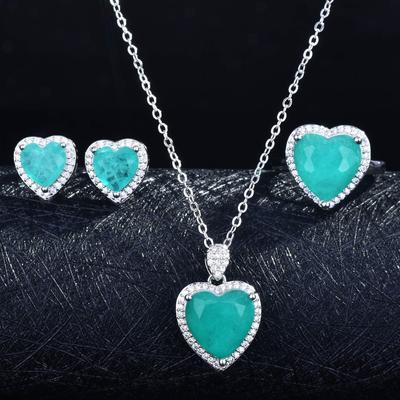 Women Jewelry Set Heart Ring Pendant Necklace Earrings Imitation Paraiba Gemstone