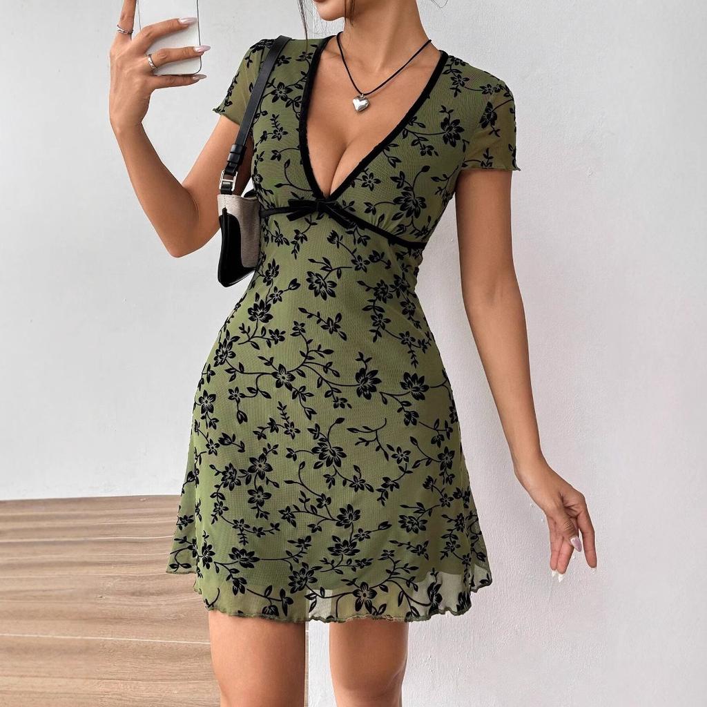 European and American Summer New Women's Sexy Floral V-color A-shaped Skirt
