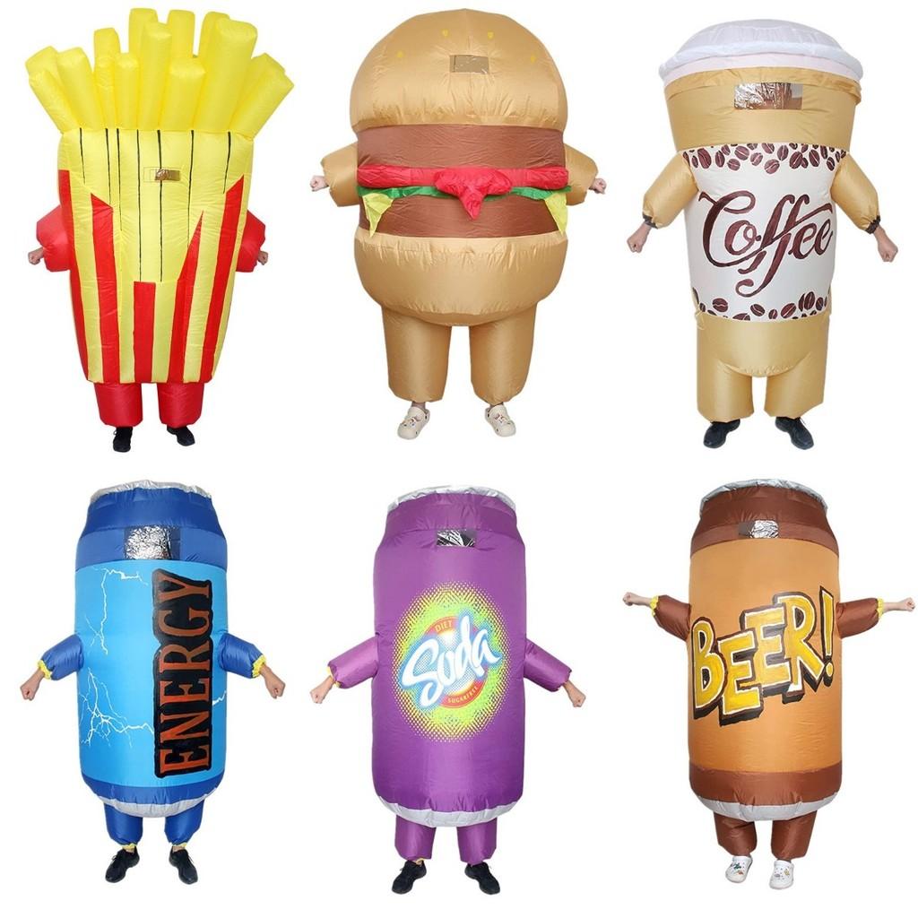 Lustiges und skurriles aufblasbares Kostüm Lustiges Soda-Getränkebecher-Hamburger-Pommes-Outfit für Halloween-Partys