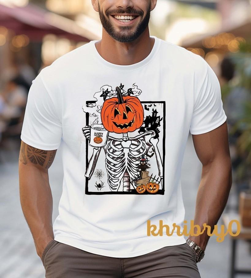 Pumpkin Skeleton Drinking Coffee T-Shirt S разноцветный
