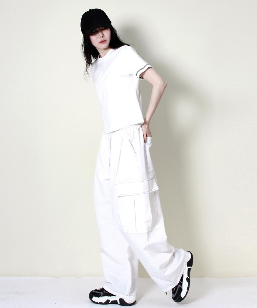 Deumakeu Real Street Wide Contrast Stitch Cargo Track Pants White