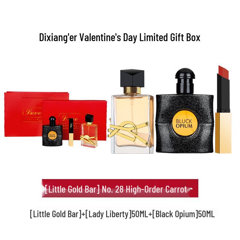 Qixi Valentine's Perfume & Lipstick Set: Rose, Black Opium, Libre - Gift for Girlfriend or Bestie