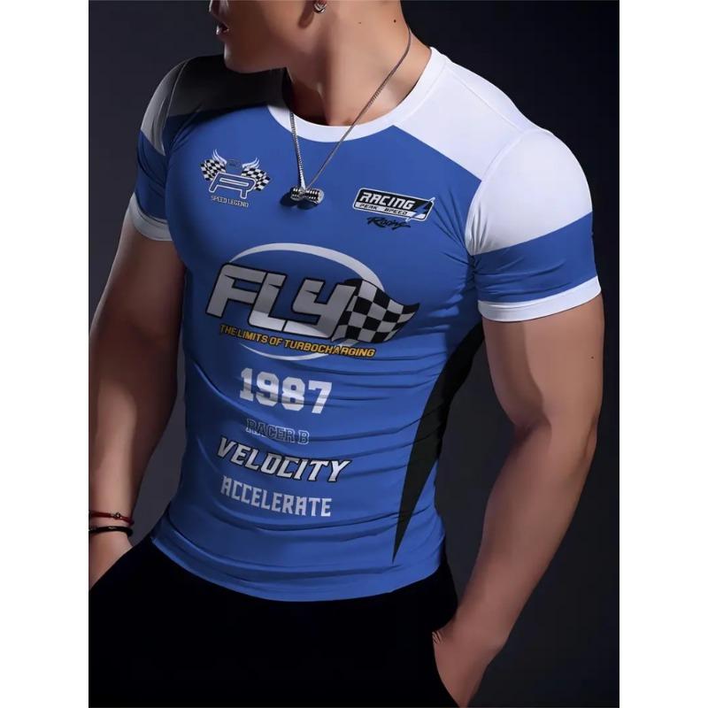 Men's Racing 3D Printed Round Neck Short Sleeve Top Casual Loose Men's T-shirt Daily Sports Sweat Absorbent Short Sleeve