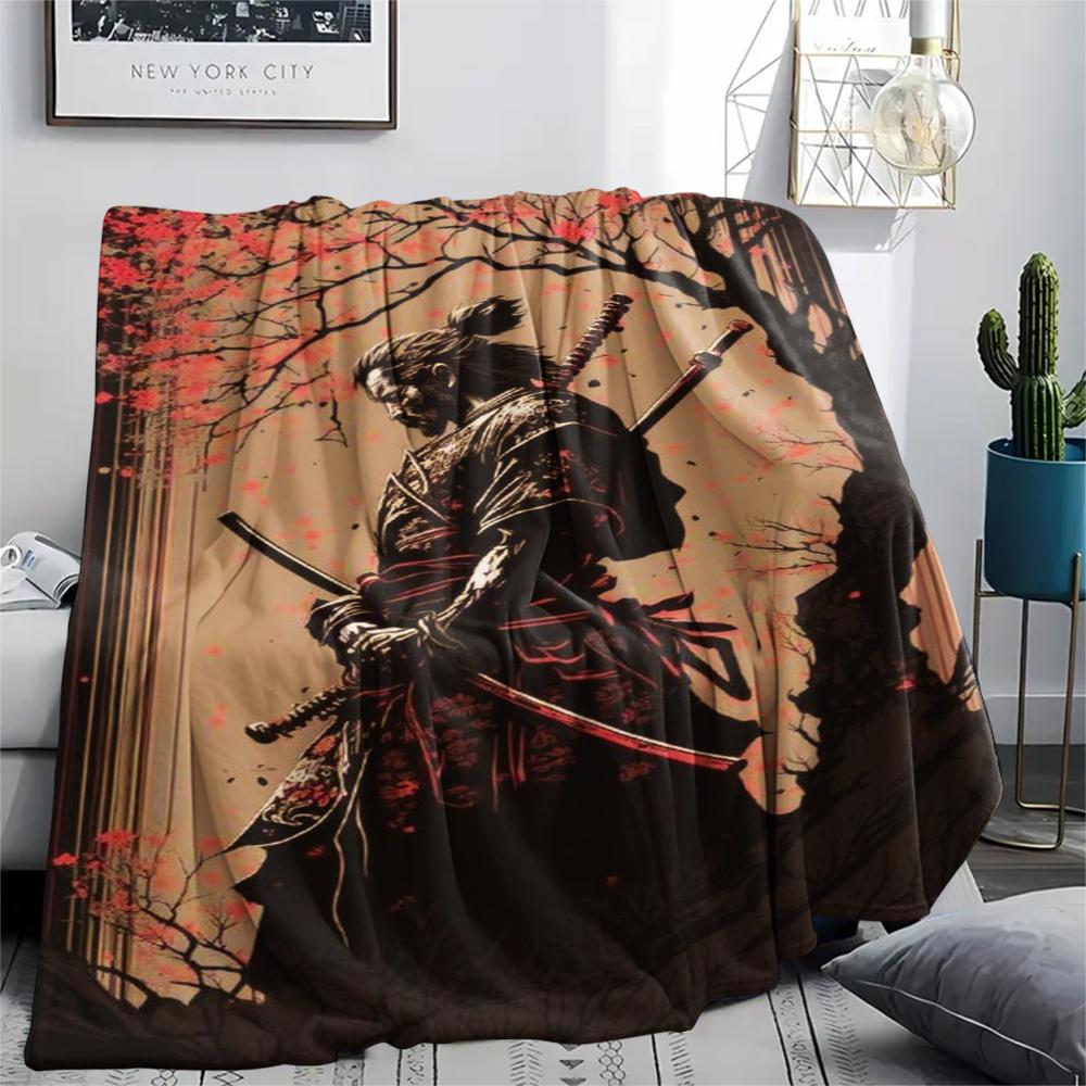 1Pc Japanese Samurai Print Flannel Blanket, High quality Comfortable for All Seasons, Home Decor, Warmth and Comfort, Perfect for Christmas Gifts