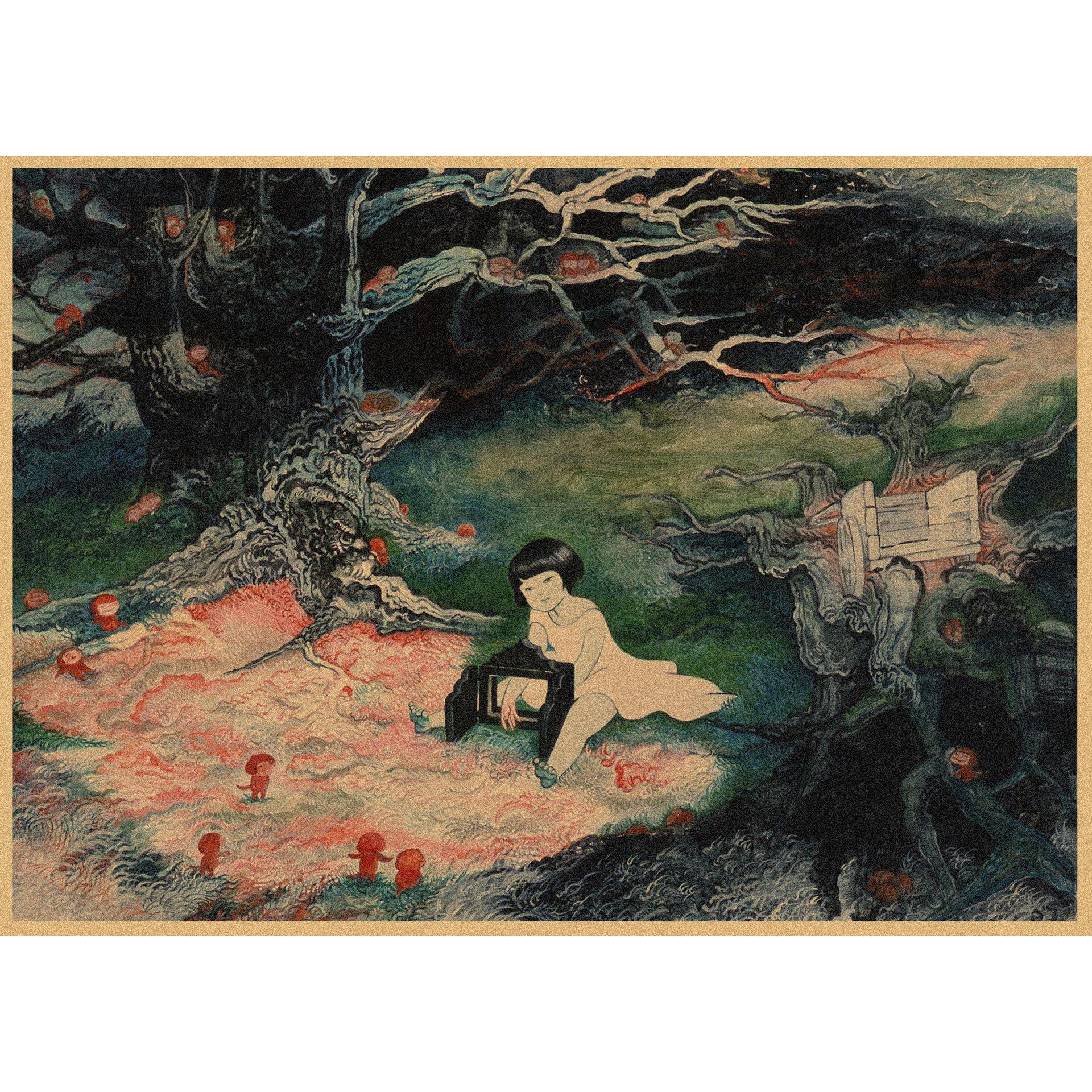 

Satono Kondo Retro Kraft Paper Poster: Japanese Girl Illustration for Bar and Cafe Décor, 285 29.7X42cm（A3)