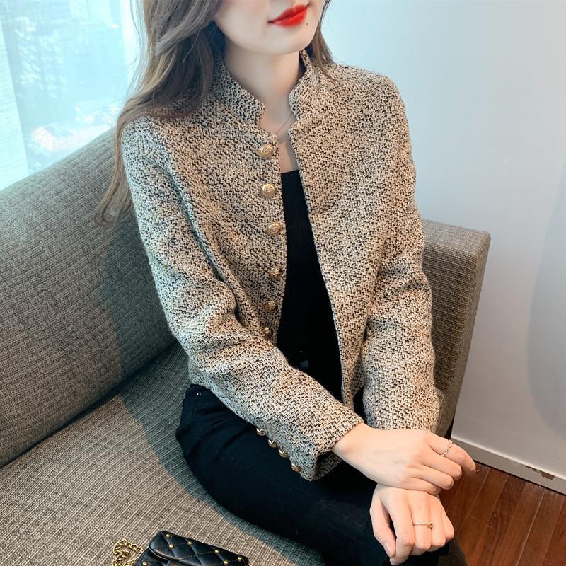 2025 Podzim/Zima Dámský Elegantní Tvídový Kabát se Stojáčkem