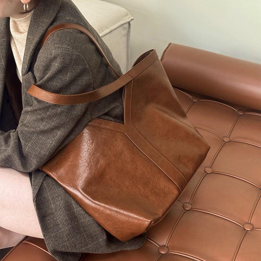 Vegetable Tanned Leather Simple Leather Tote Bag Shoulder Bag Large Capacity Women'S Bag Underarm Bag Handbag Cowhide