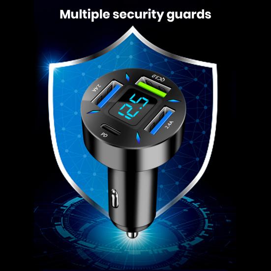 66W Car Super Fast Charger with 4 USB Ports LED Display Real-time Battery Monitoring PD QC3.0 2.4A Car Charger for Phone Tablet