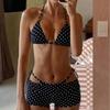 New Ladies Summer Beach Polka Dot Suspender Sexy Black Lace-Up Three-Piece Bikini Set