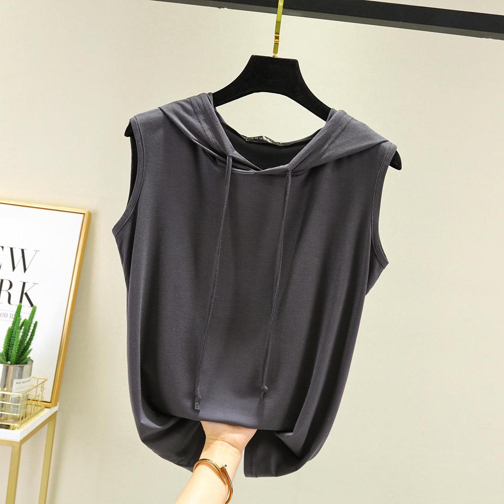 Spring Summer Women's Sleeveless Modal Vest Hooded Sweatshirt - Plus Size Slimming Loose Fit