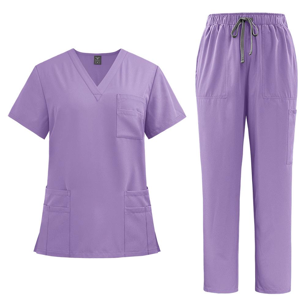 Unisex V-Neck Medical Work Scrub Suit with Pockets and Straight-Leg Pants