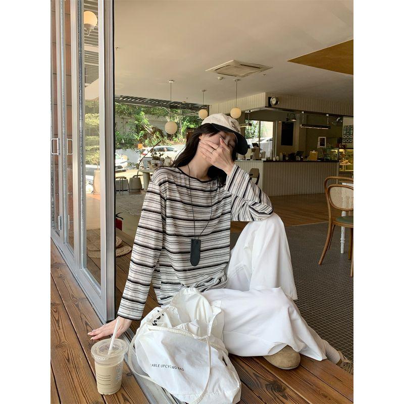 Kumikumi Retro Back Hollow Lace-up Long sleeves Shirt Women clothes Autumn Casual Loose Stripe Inner wear Top