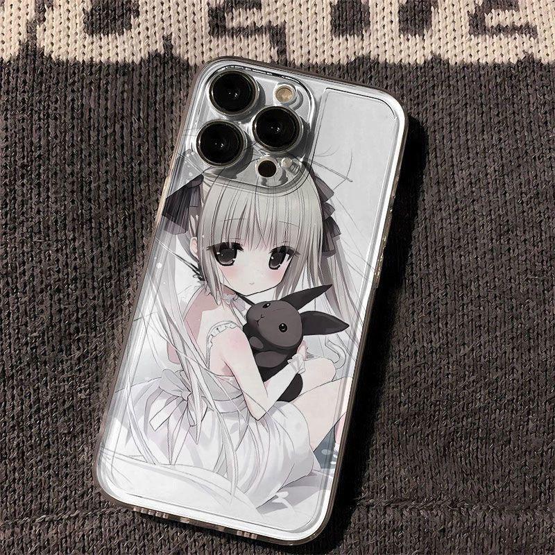 Kawaii Anime-Mädchen mit Hasen-Plüsch-Handyhülle für iPhone 17 16 15 14 13 12 11 16E Serie Pro Max Plus Doppelschichtiger Schutz