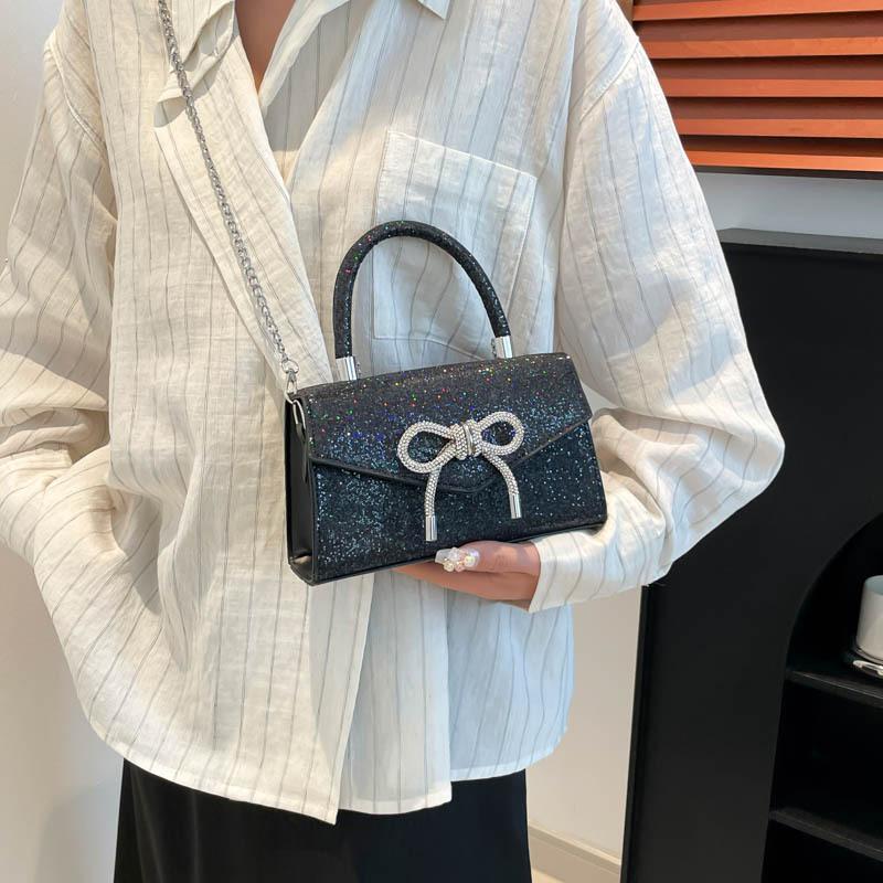 Fashion Sequins Handbag Small Square Bag Female Trend Bowknot Commuter Single Shoulder Crossbody Bag