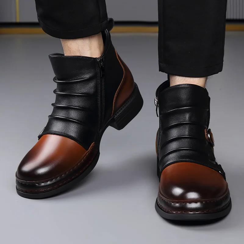 Herrenschuhe Herbst Winter Retro Stiefeletten Mode Freizeit Schuhe für Herren Reißverschluss Motorradstiefel Neuer Designer Warmer Plateau Schuh