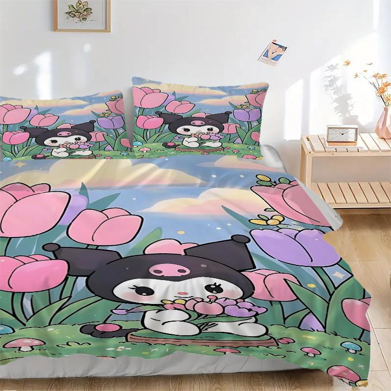 

3pcs Floral Adventure Kuromi Print Cover Set Ultra Soft, Breathable, and Comfortable Bedding with Stylish Design for Bedroom and Guest Room Decor 135x200cm