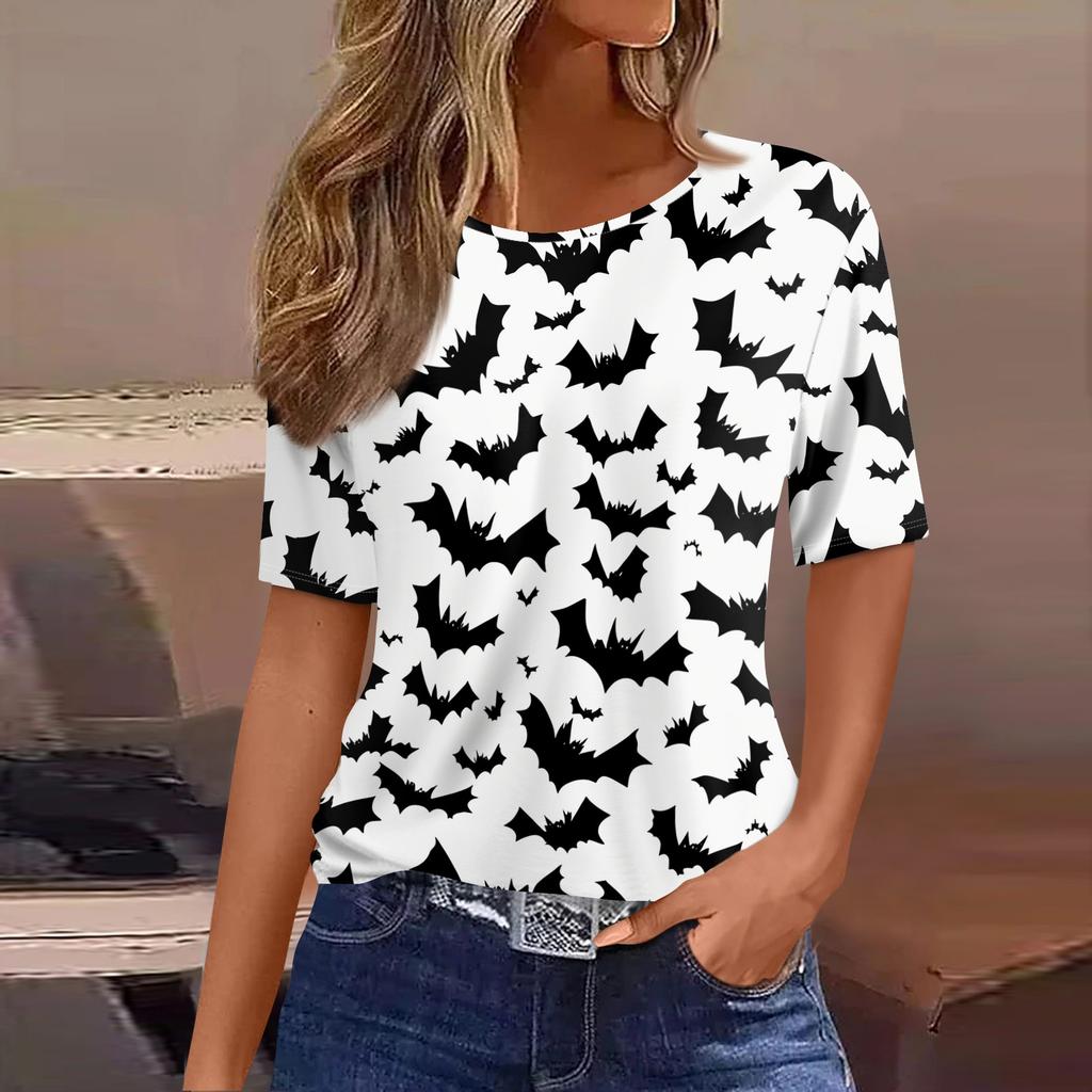 Women's Casual Short Sleeve Pullover Top Halloween Print Bat Pumpkin Ghost Spider Web Round Neck Shirt