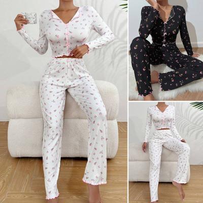 2 Adet/Takım Sonbahar Kış Kadın Pijama Takımı Turn-down Yaka Uzun Kollu Baskı Fiyonk Dekor Üst Yüksek Bel Pantolon Gecelik Rahat Ev Giyim Giysileri