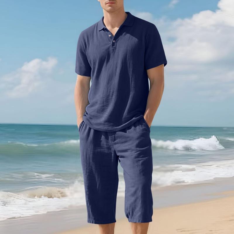 Mens Casual Two Piece Outfit Solid Color Polo Shirt And Capri Pants Set