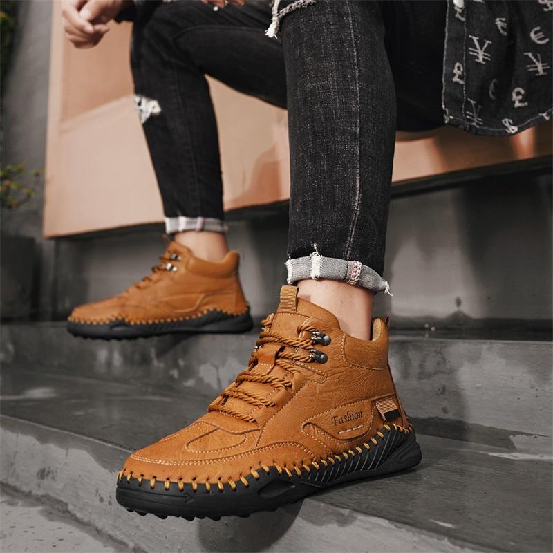 Men Shoes Hand-stitching Leather Men Boots Split Leather Casual Leather Shoes Men Ankle Boots