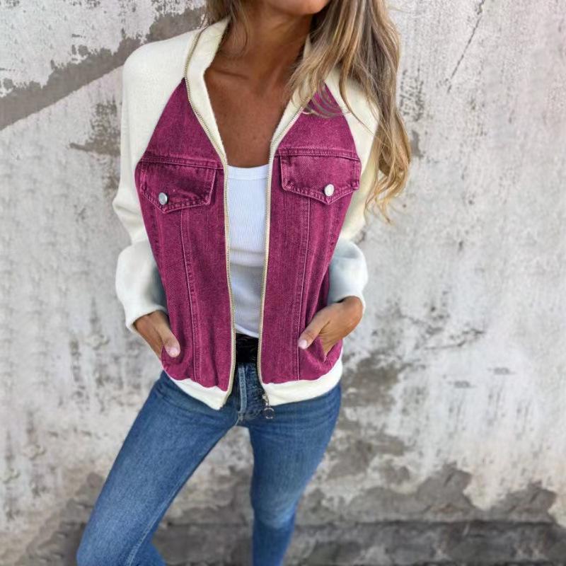 2024 Autumn/Winter Women's Denim Patchwork Raglan Sleeve Jacket - Casual Fashion
