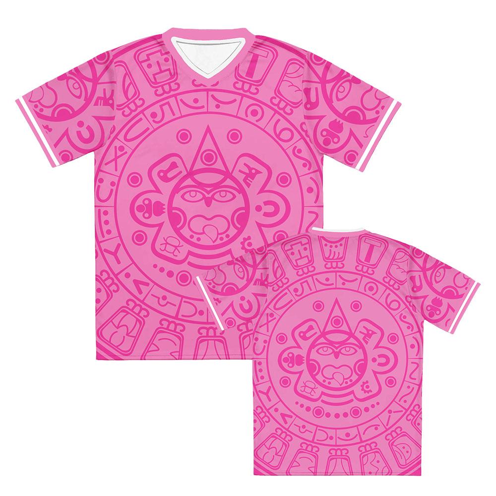 Unisex V‑Neck Sports Jersey Mexico Aztec Calendar Full Print Short Sleeve T‑Shirt Retro Casual Streetwear Tops for Men Women Tee
