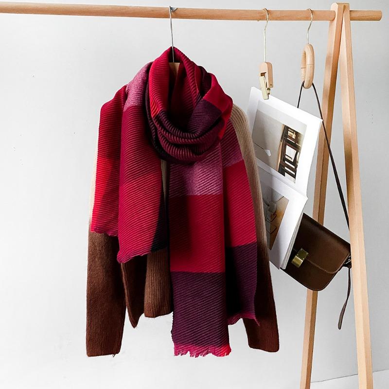 Winter new polyester-cotton multi-color line plaid scarf women's warm long thickened pleated scarf shawl