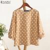 ZANZEA Women Casual Round Neck 3/4 Sleeve Loose Polka Dot Print Blouse