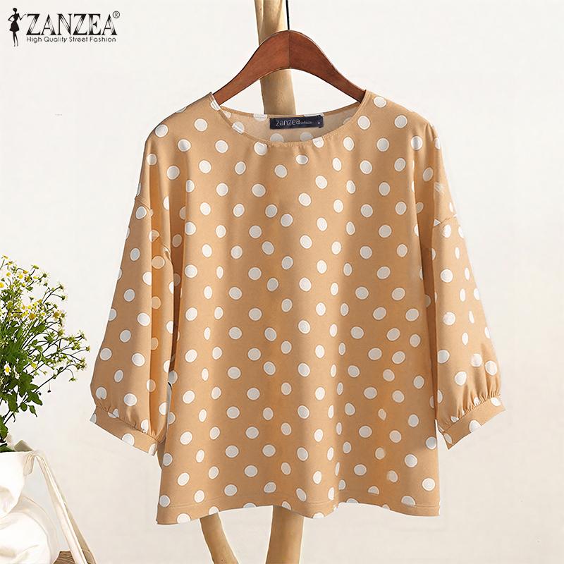 ZANZEA Women Casual Round Neck 3/4 Sleeve Loose Polka Dot Print Blouse