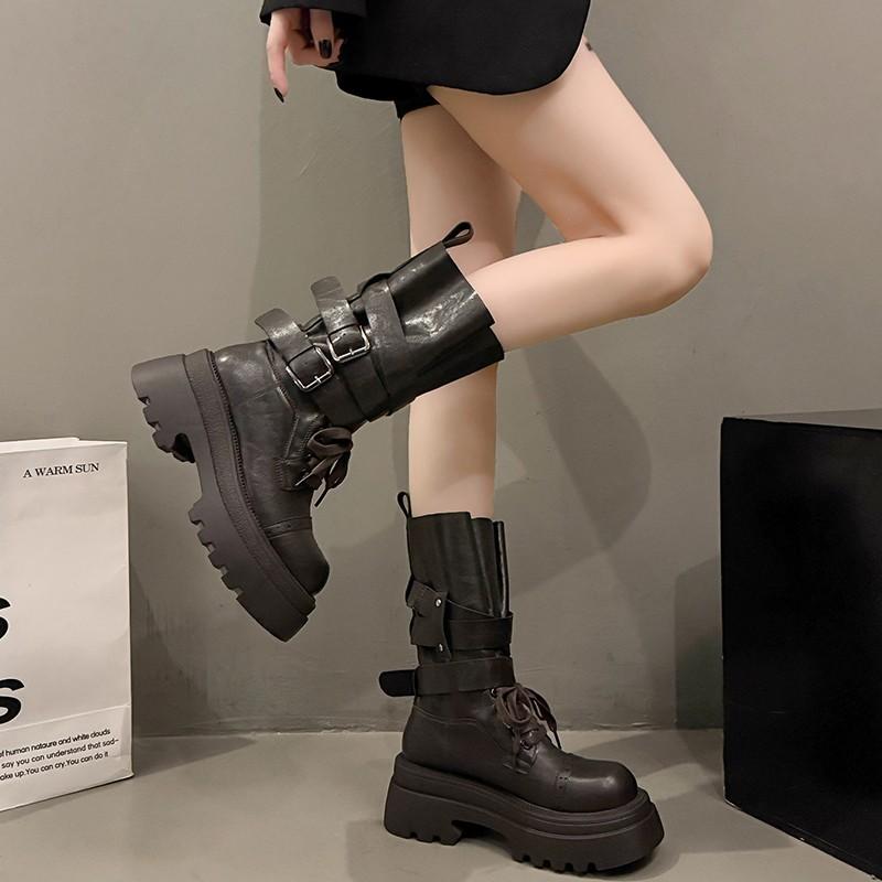 Black Martin boots women's 2025 new autumn single boots retro British style thick-soled heightening western cowboy short boots