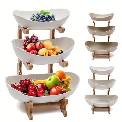 3 Tier Fruit Tray Bamboo Wood Stand Light Luxury Ceramic Snack Plate for Candy Dessert Tabletop Home Decor Organizer