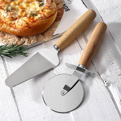Rolling Stainless Steel Pizza Cutter and Spatula 2-Piece Handheld Wooden Handle Medium Handle Cutter Pie Cutter