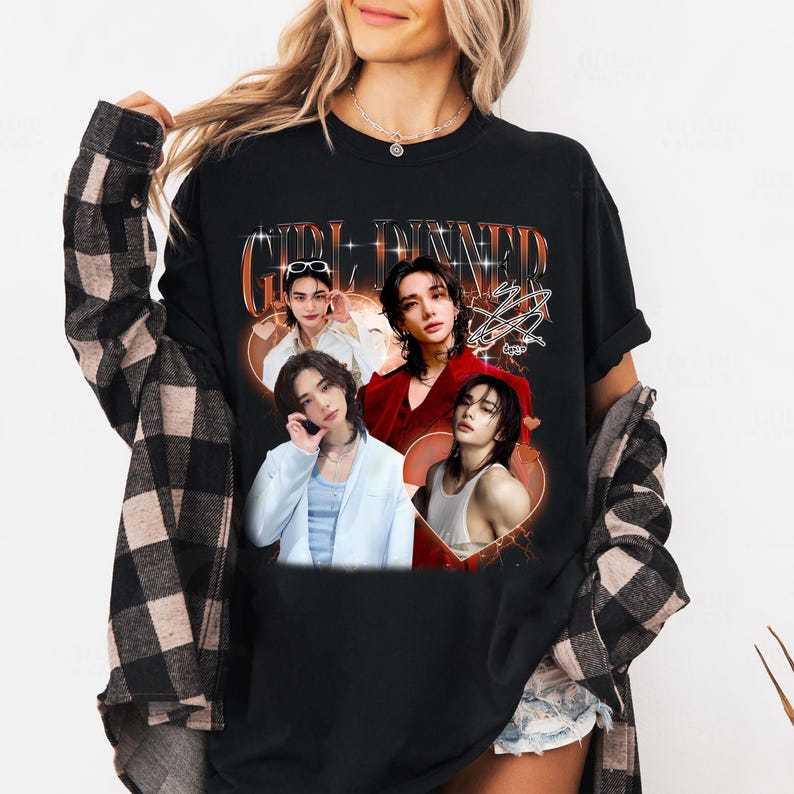 

Girl Dinner Hyunjin Stray Kids T-shirt, Vintage Fans Homage Tee Men Women Hip Hop Streetwear Oversized Tshirt Short Sleeve Casual Clothing XXXL