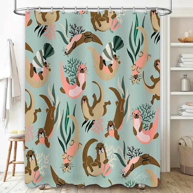 Cute Otter Shower Curtain Forest Animal Bathroom Decor Woodland Nature Waterproof Fabric Backdrop for Spa